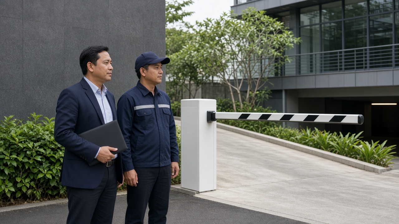 Pengelola lokasi dan petugas parkir berdiri bersama di pintu masuk